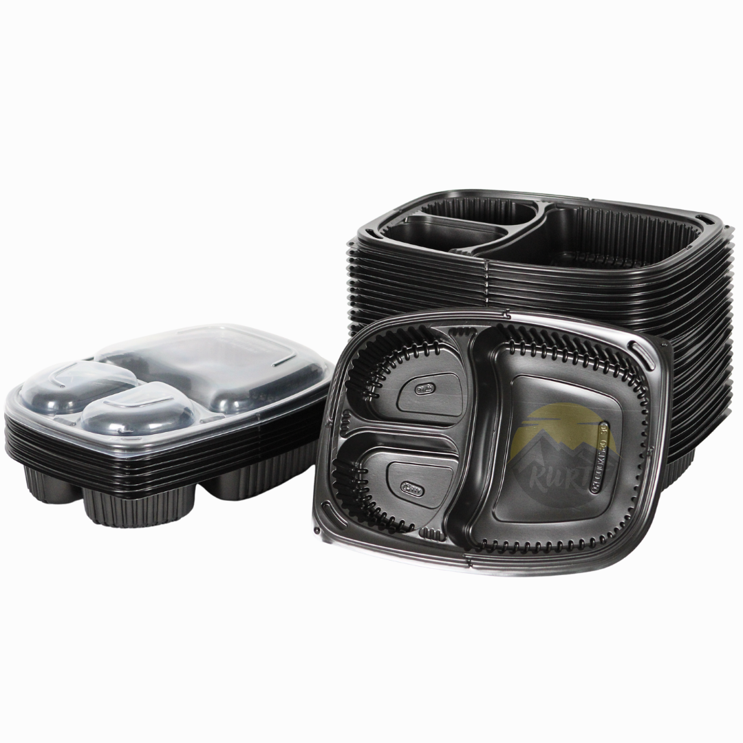 40 stück - 3 Fächer - Meal prep boxen - Prep meal schalen | Essensbox, Lunchbox, Mikrowellenbehälter mit Deckel schwarz