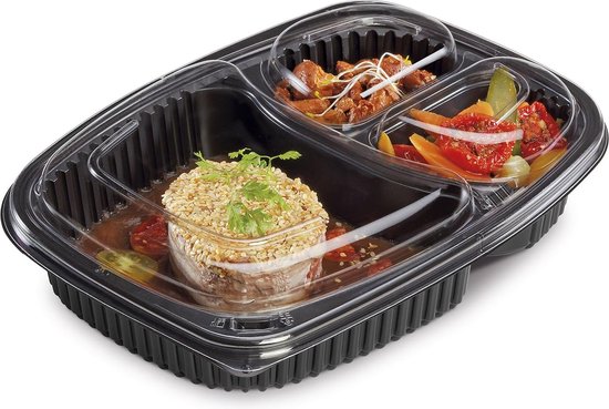 40 stück - 3 Fächer - Meal prep boxen - Prep meal schalen | Essensbox, Lunchbox, Mikrowellenbehälter mit Deckel schwarz