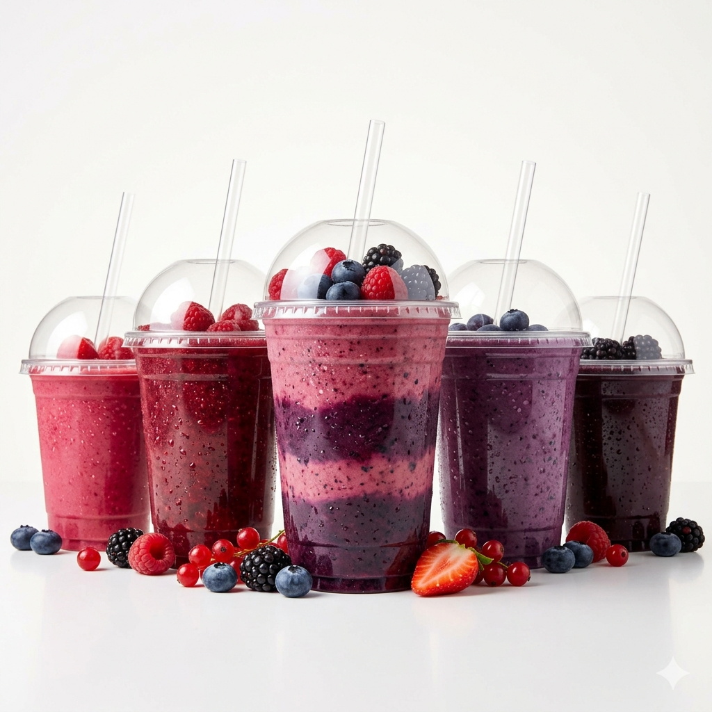 Vijf smoothiebekers met verschillende smoothies