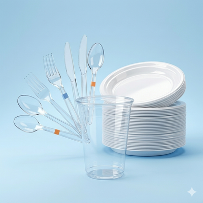 Plastic bestek, plastic borden en een plastic beker