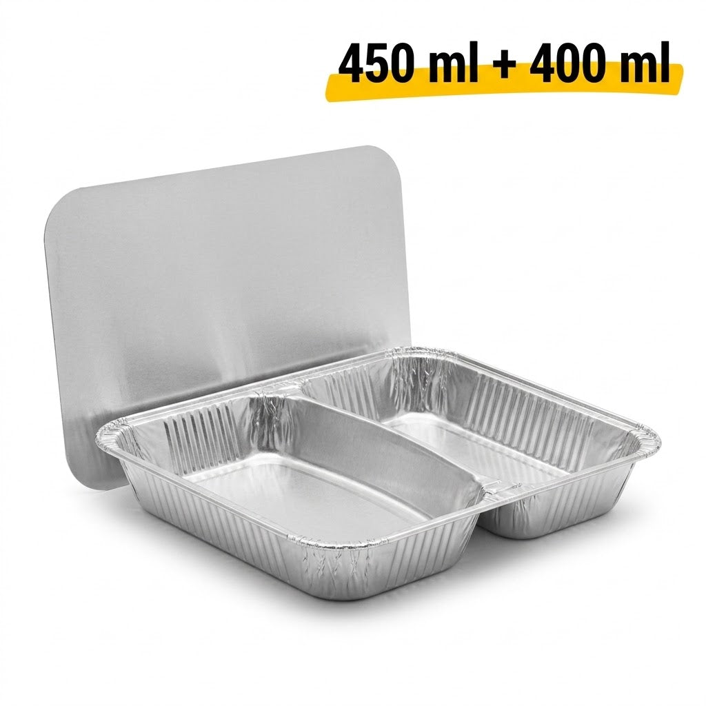 Aluminium Menüschalen 2-Fach mit Deckel 100 Stück – Menüschale Take Away, Catering