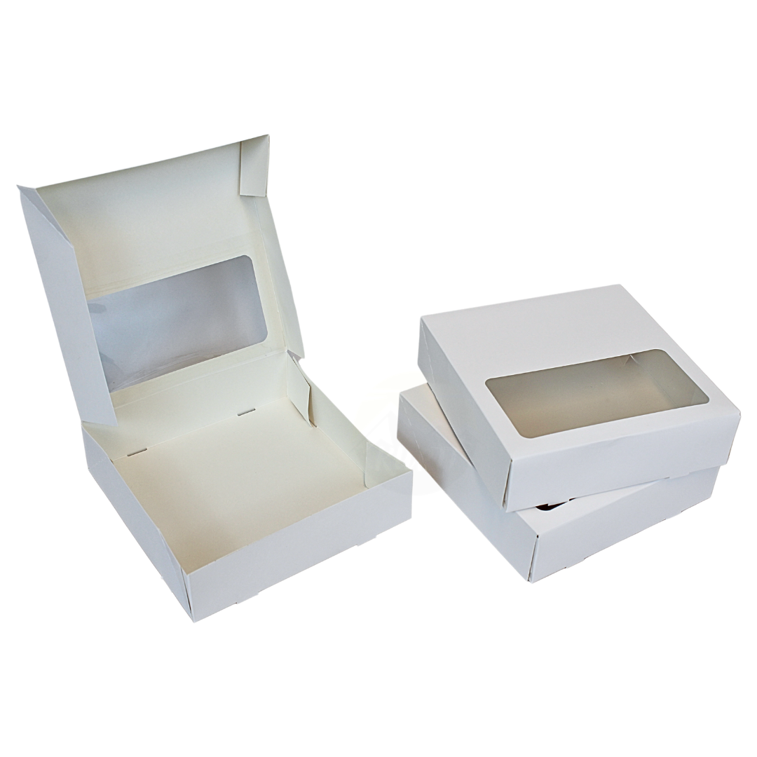 Gebaksdoos met venster wit 19x19x5 cm – 300 stuks | Doos voor 4 gebakjes & bento cake