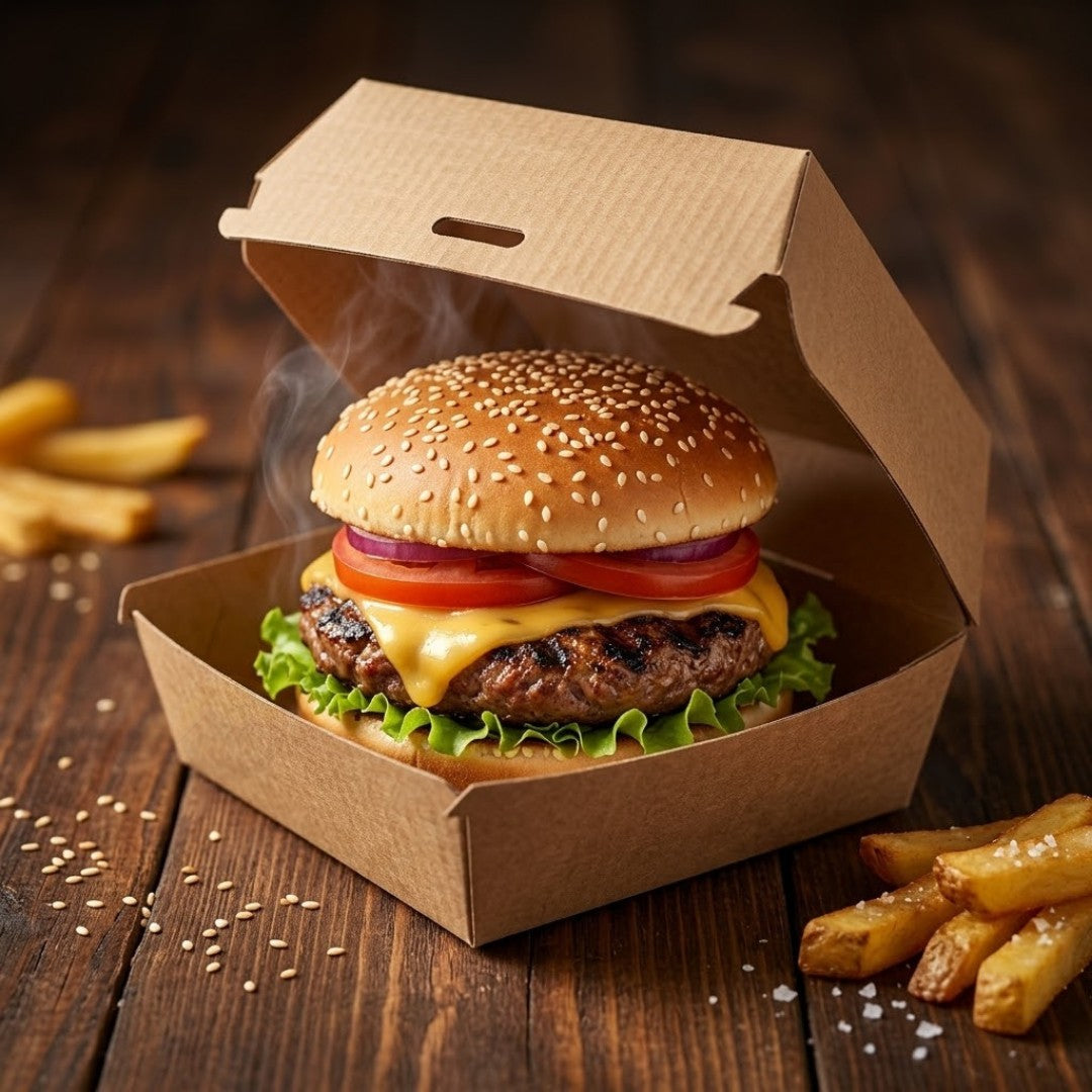 Hamburgerbox Kraft Wellpappe BIO – Stabile Einweg-Burgerbox | Mittel & Groß | 50/100/200 Stück