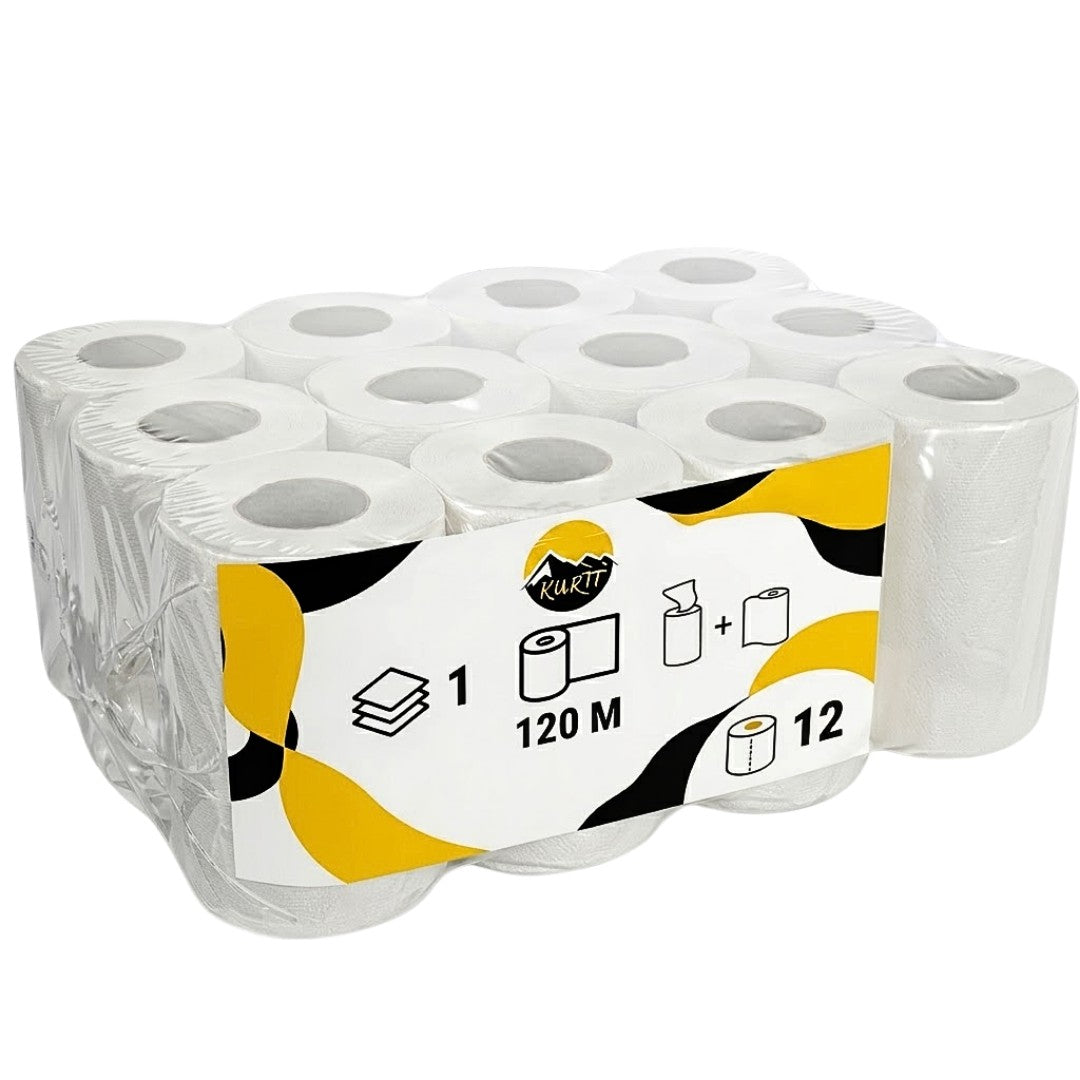 KURTT Handtuchrolle Mini Innenabrollung 1-lagig Zellstoff 120m mit Hülse – 12 Rollen | Putzrolle Kompakt Sanitär