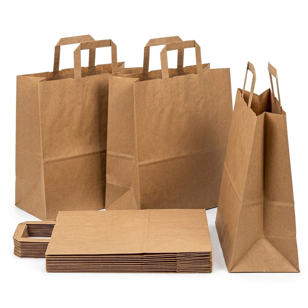 Papiertragetaschen Braun Flachhenkel 26x17x25cm – 50/100/250 Stück | Gastronomie Take-away