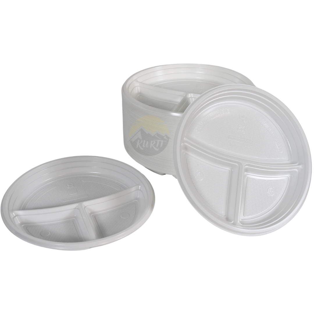White plastic plate, 22cm, 3 compartments - 100 pieces incl. SUP