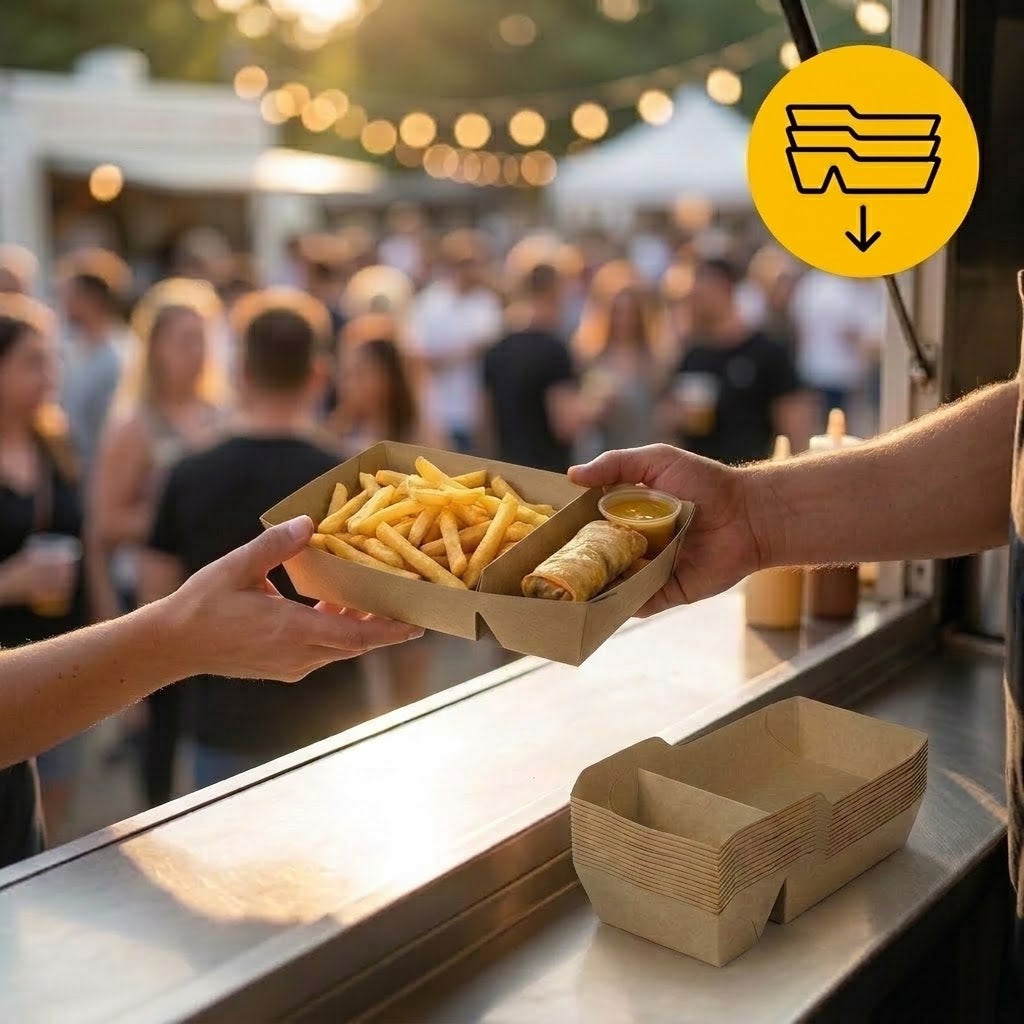 Kraft Snackschalen A22 Fettdicht mit Trennwand – 176x65x35mm Kraftpapier Pommes-Schale | 50/100/500 Stück