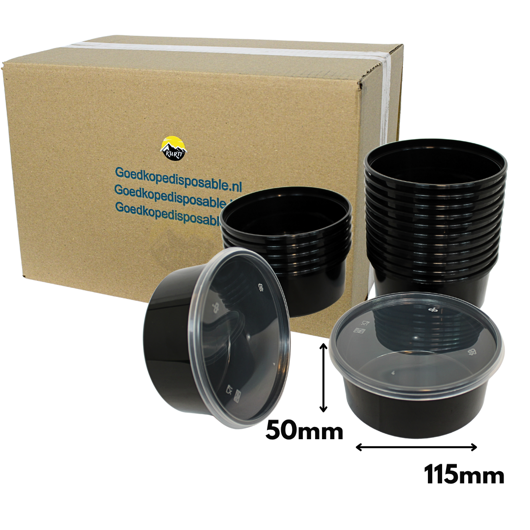Feinkostbecher 350ml Schwarz PP mit Deckel Transparent – 50 Stück | Kühlvitrine Traiteur Meal Prep Mikrowelle