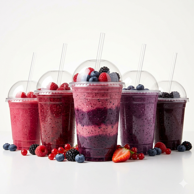 Vijf smoothiebekers met verschillende smoothies