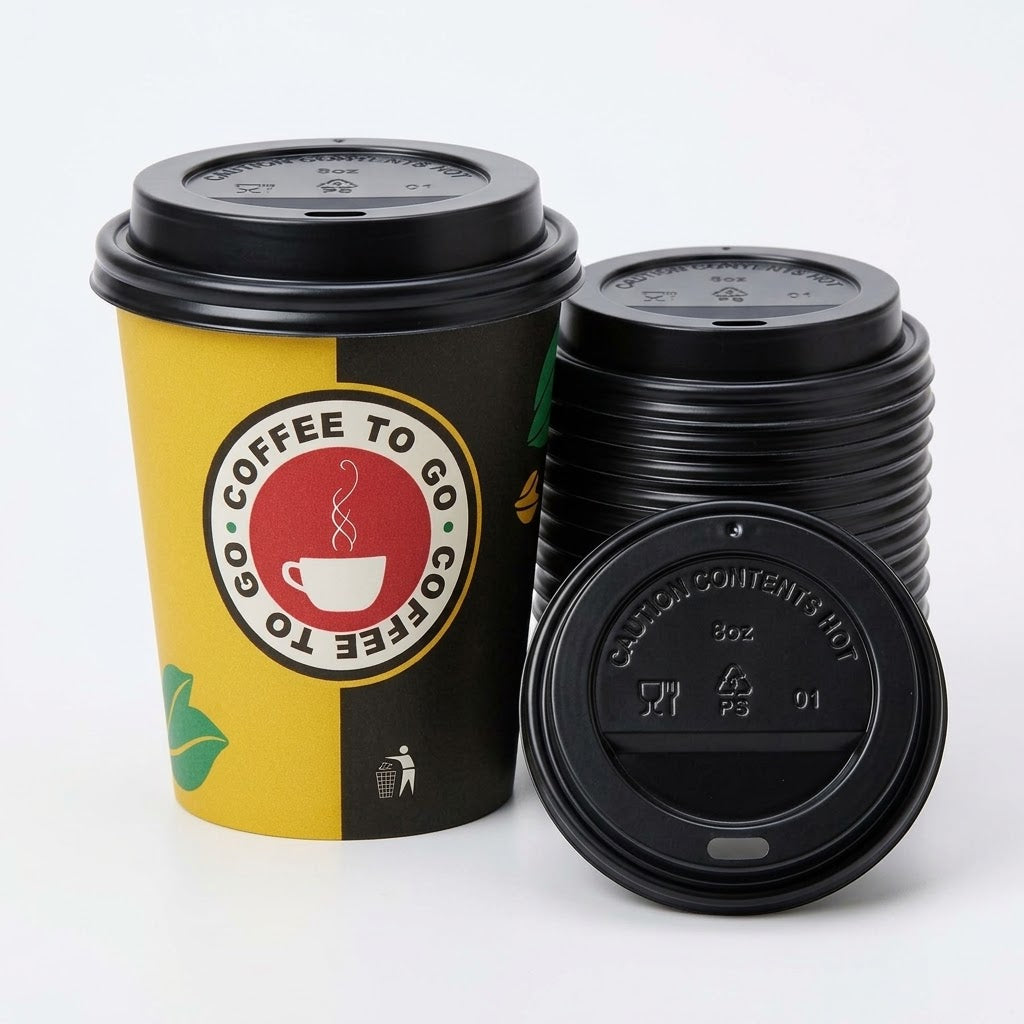 Bedrukte kartonnen koffiebeker met zwarte deksels