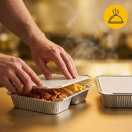 Aluminium Menüschalen 2-Fach mit Deckel 100 Stück – Menüschale Take Away, Catering