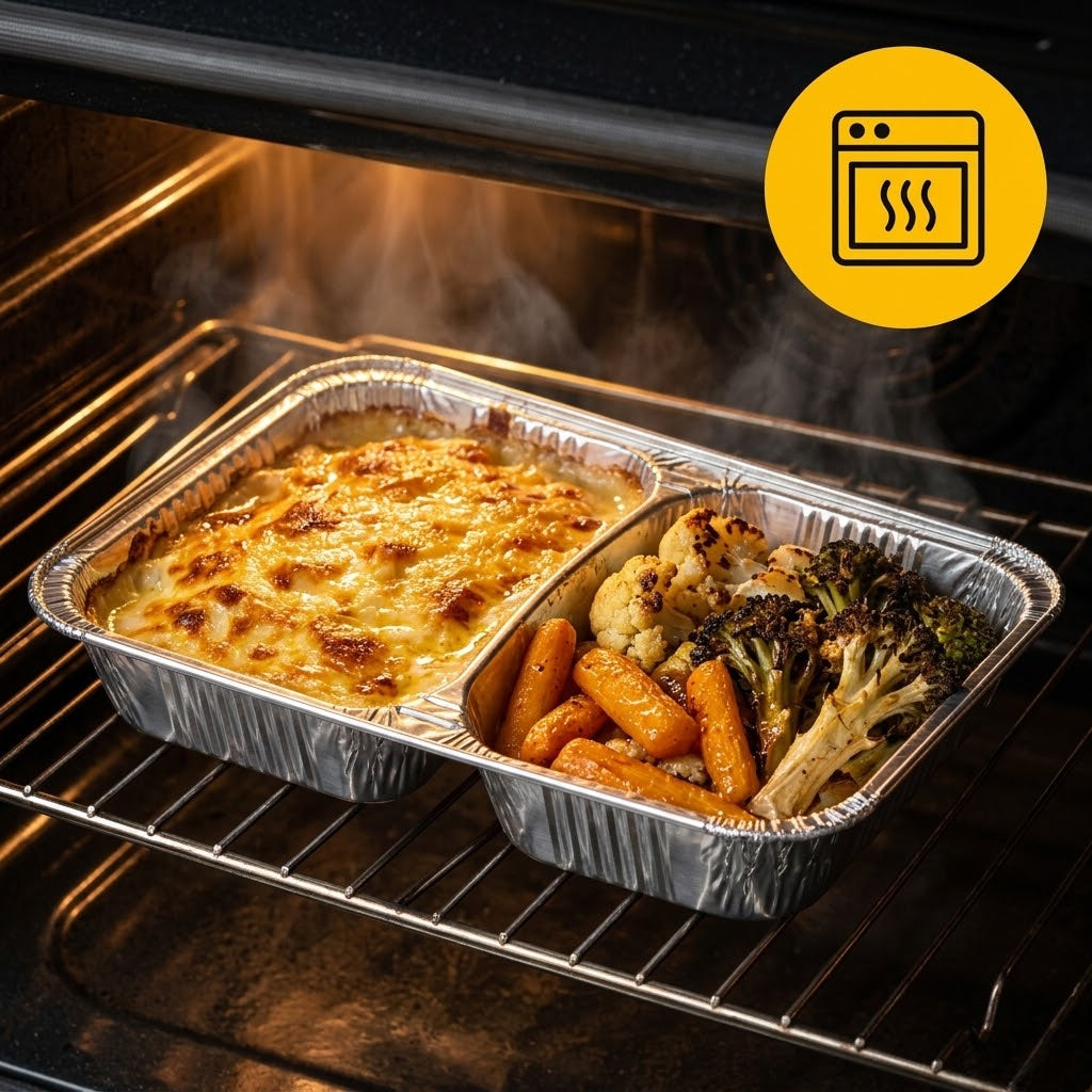 Aluminium Menüschalen 2-Fach mit Deckel 100 Stück – Menüschale Take Away, Catering