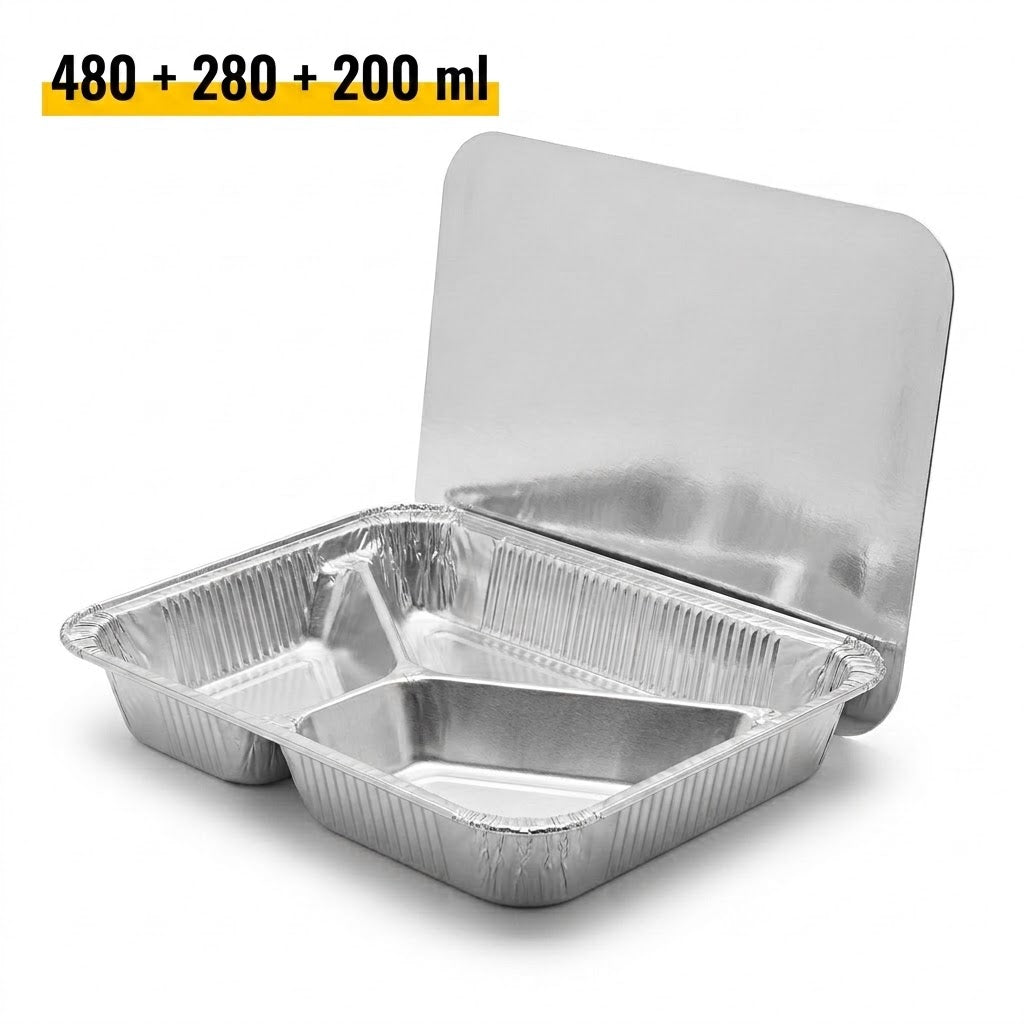 Aluschale 3-geteilt mit Aludeckel 960ml – 100 Stück | Menüschalen Take Away Catering