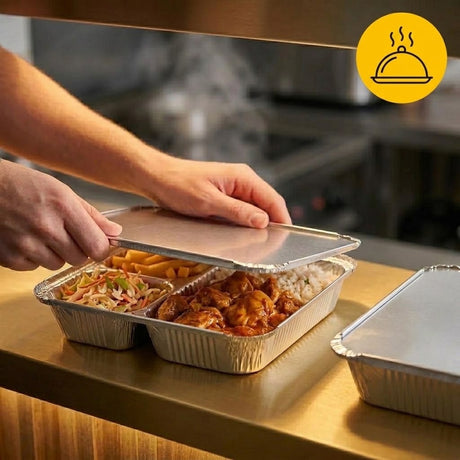 Aluschale 3-geteilt mit Aludeckel 960ml – 100 Stück | Menüschalen Take Away Catering