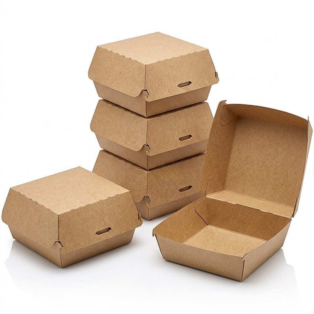 Hamburgerbox Kraft Wellpappe BIO – Stabile Einweg-Burgerbox | Mittel & Groß | 50/100/200 Stück