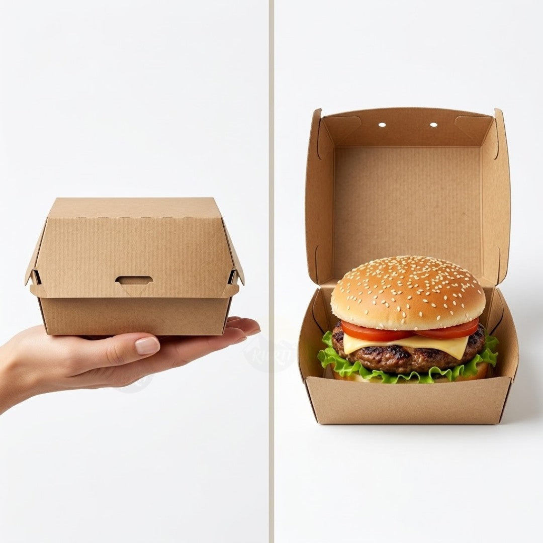 Hamburgerbox Kraft Wellpappe BIO – Stabile Einweg-Burgerbox | Mittel & Groß | 50/100/200 Stück