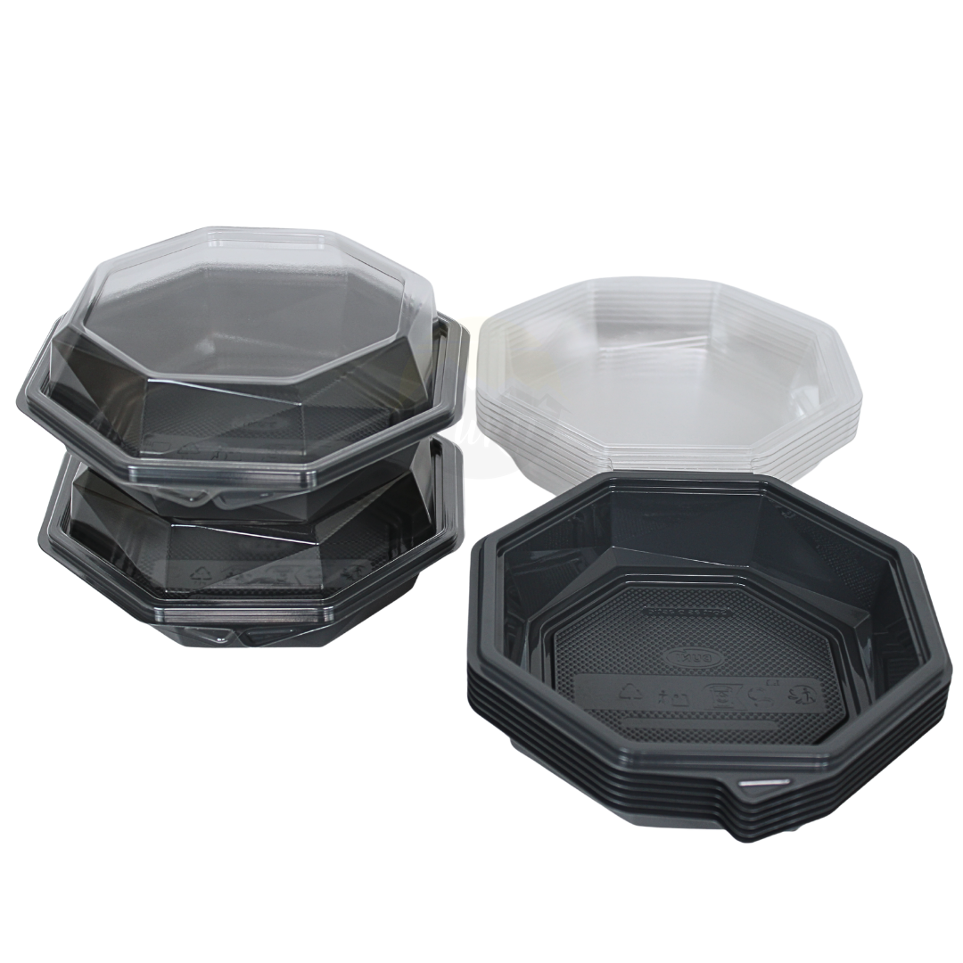 APET Octaview Schale Grau 160x60mm mit festem Deckel 400ml | 60 Stück | Tapas Beilagen Desserts