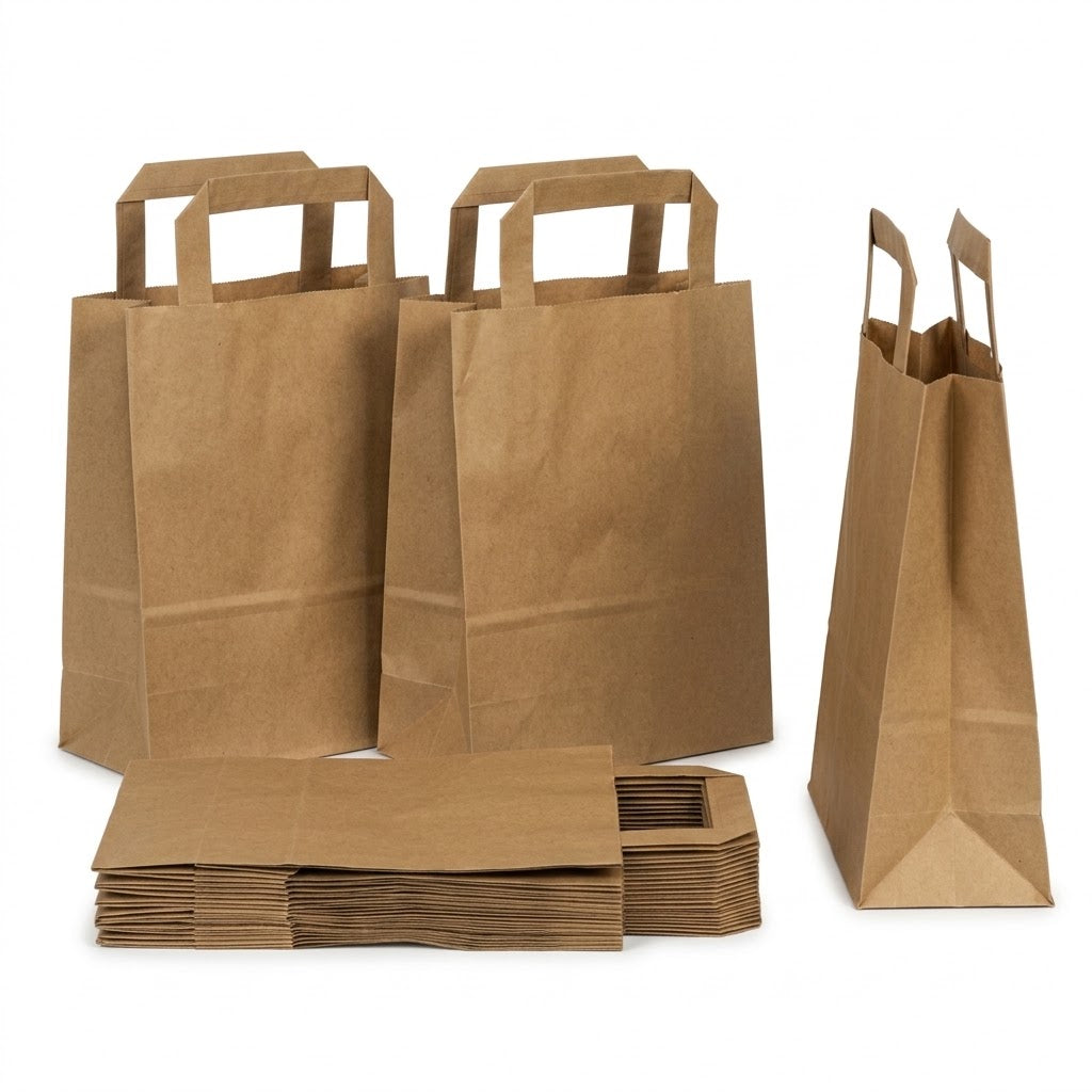 Papiertragetaschen Braun Flachhenkel 22×10×28cm – 50/100/250 Stück