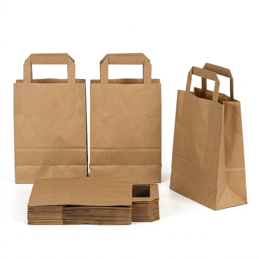 Papiertragetaschen Braun Flachhenkel 18x8x22cm – 50/100/250 Stück | Bäckerei Traiteur Take-away