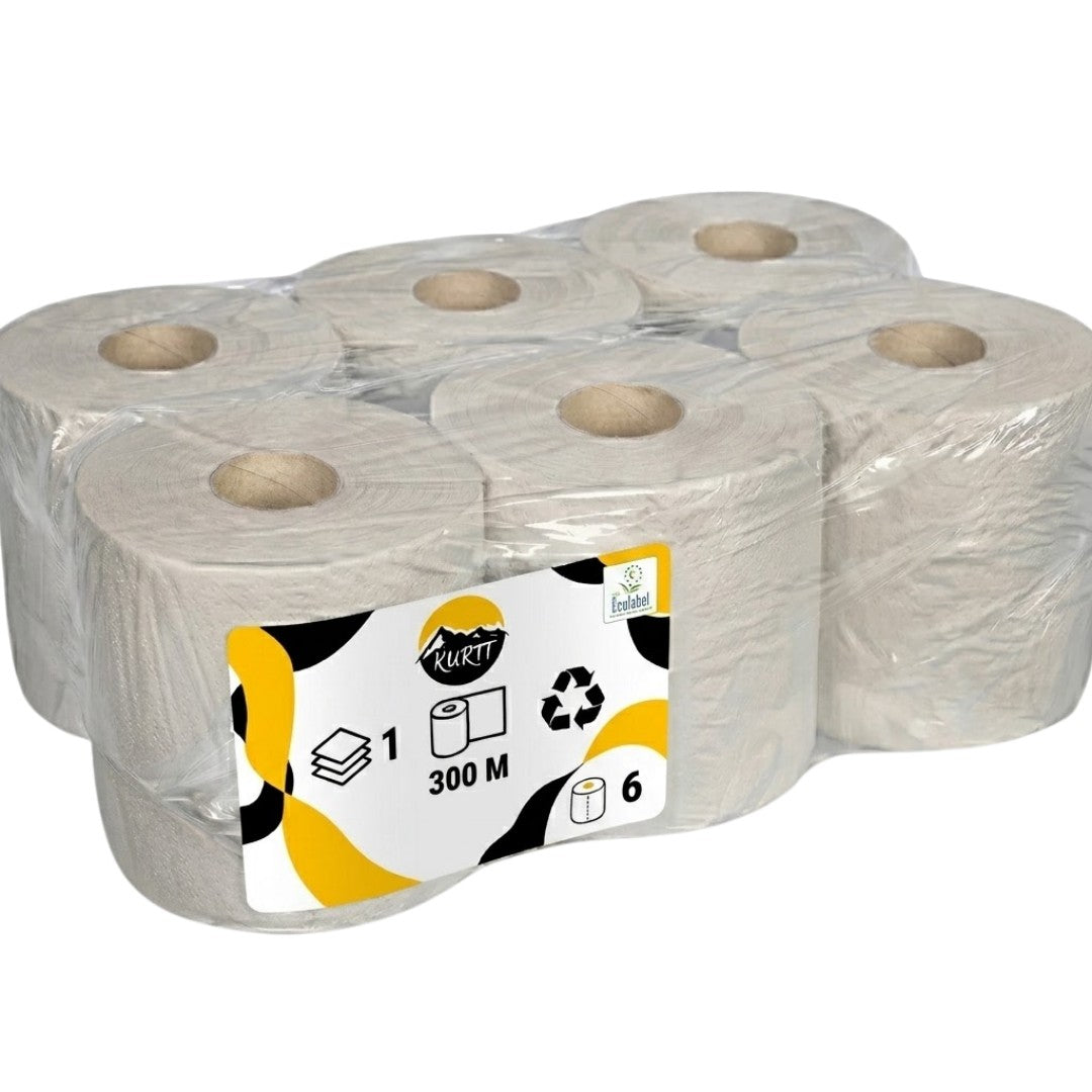 KURTT Handtuchrolle Midi Grau Innenabrollung 1-lagig Recycling 300m – 6 Rollen | Putzpapier Werkstatt Industrie