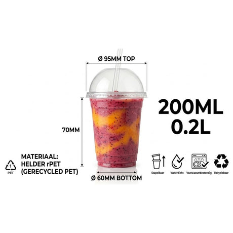 Smoothiebecher 200 ml PET – 100 Stück | Inklusive Kuppeldeckel mit Strohhalmloch | EWKF-Abgabe inklusive
