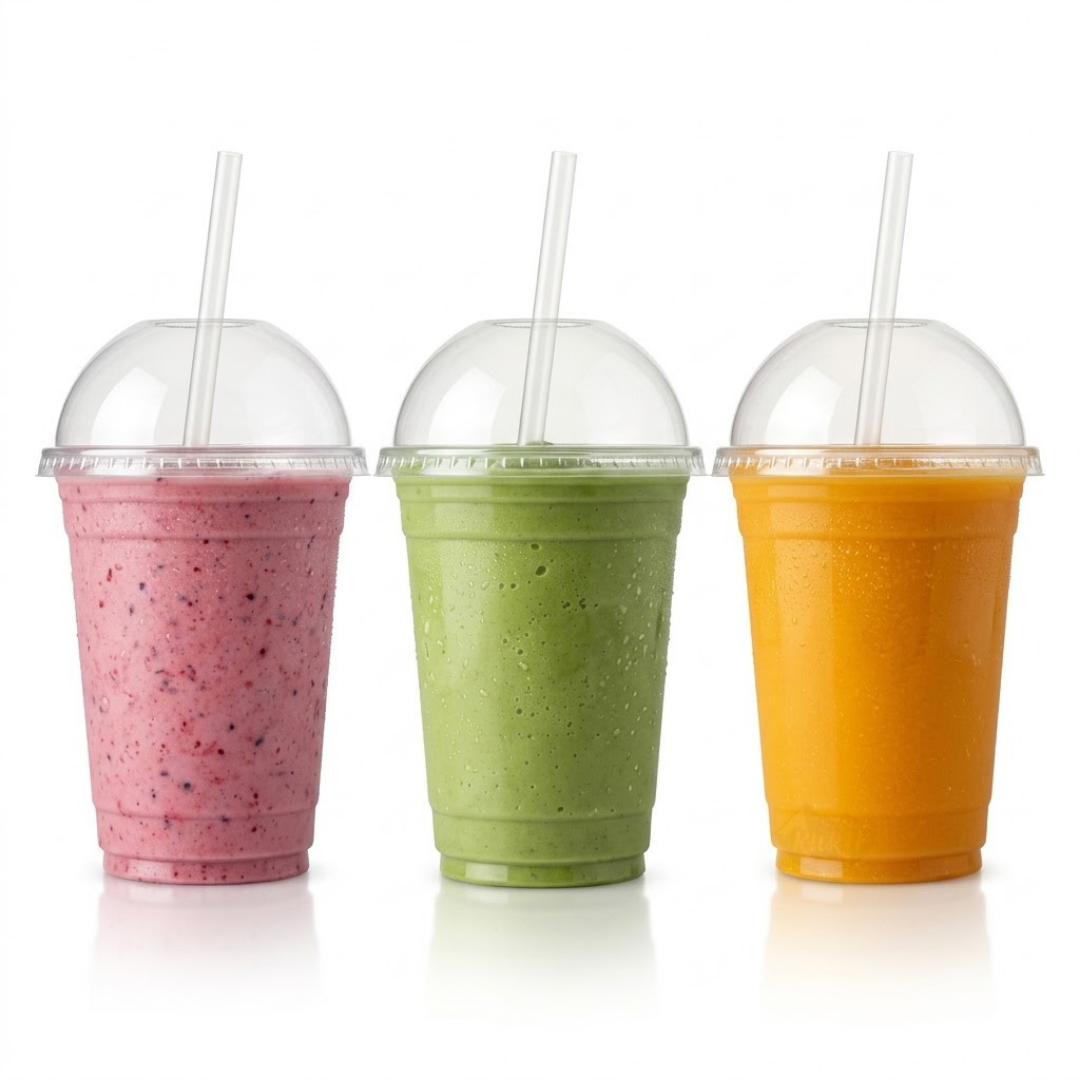 Smoothiebecher 200 ml PET – 100 Stück | Inklusive Kuppeldeckel mit Strohhalmloch | EWKF-Abgabe inklusive