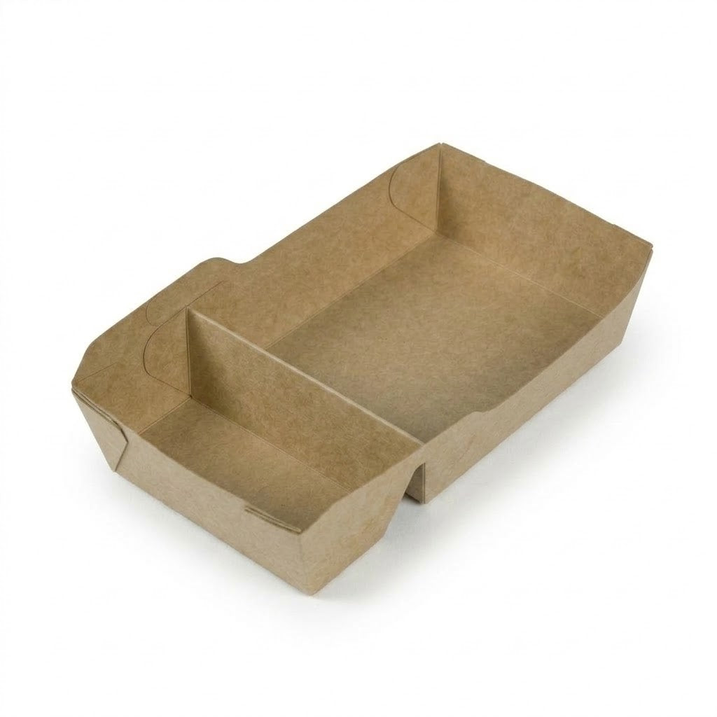 Kraft Snackschalen A20 Fettdicht mit Trennwand – 210x115x48mm Kraftpapier Pommes-Schale | 50/100/500 Stück