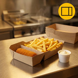 Kraft Snackschalen A20 Fettdicht mit Trennwand – 210x115x48mm Kraftpapier Pommes-Schale | 50/100/500 Stück