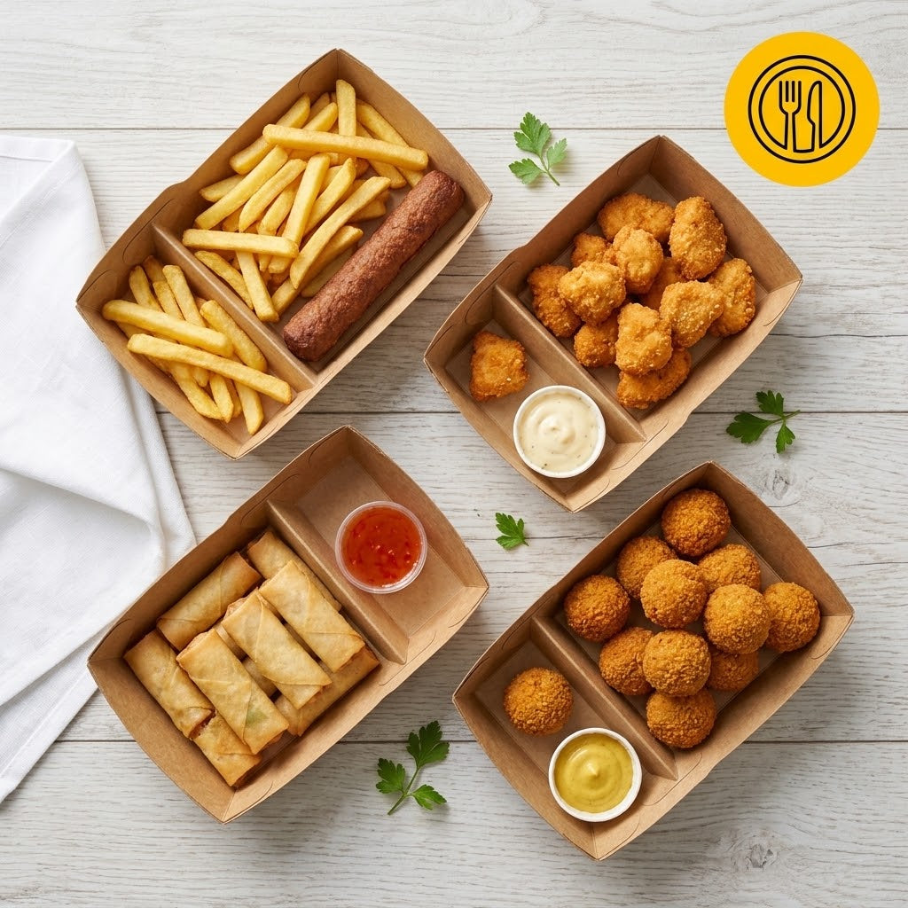 Kraft Snackschalen A20 Fettdicht mit Trennwand – 210x115x48mm Kraftpapier Pommes-Schale | 50/100/500 Stück