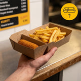 Kraft Snackschalen A20 Fettdicht mit Trennwand – 210x115x48mm Kraftpapier Pommes-Schale | 50/100/500 Stück
