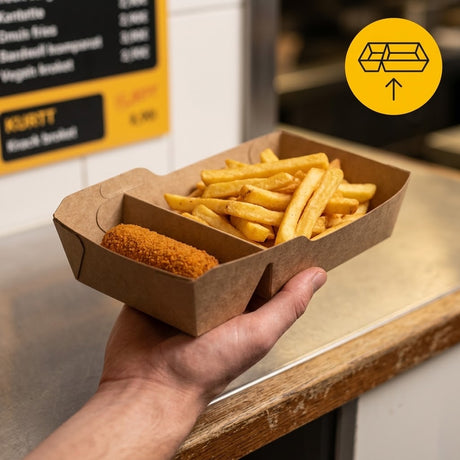 Kraft Snackschalen A20 Fettdicht mit Trennwand – 210x115x48mm Kraftpapier Pommes-Schale | 50/100/500 Stück
