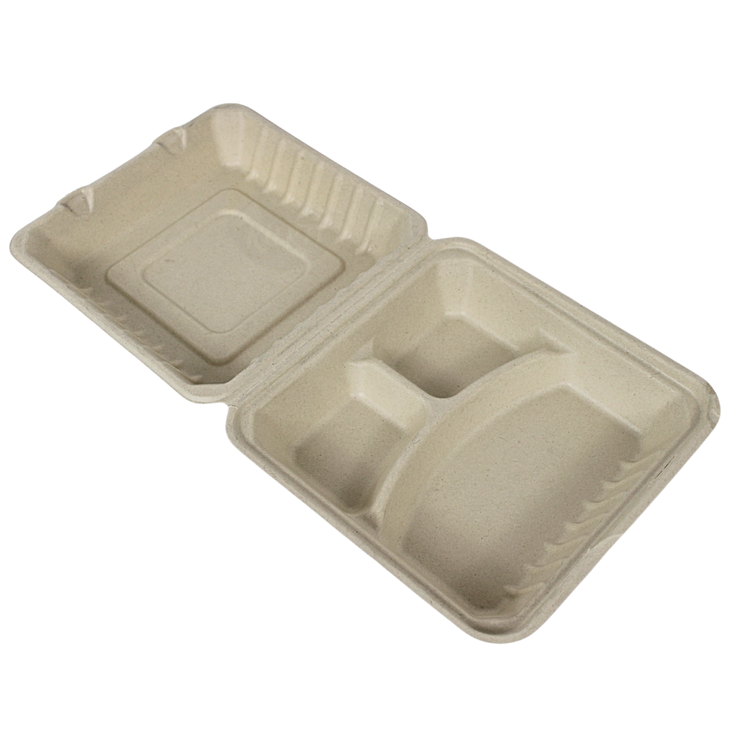 Bagasse Menübox 3-fach Braun 236x231x81 mm – 100 Stück