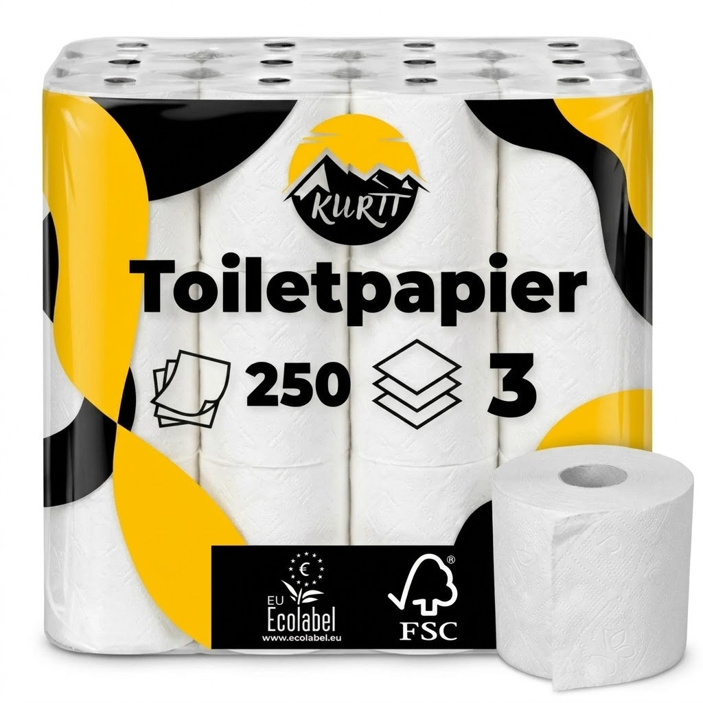 KURTT Toilettenpapier 3-lagig Zellstoff 250 Blatt ECO – 8/24/56 Rollen | Weich Saugfähig Löslich